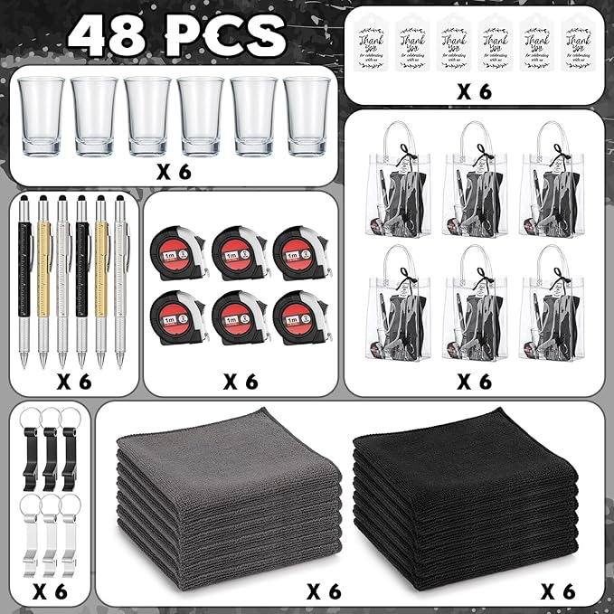 Leinuosen 6 Set Baby Shower Prizes for Men with Cleaning Cloth Bottle Opener Screwdriver Tape Measuring Keychain Multi Tool Pen Gift Bag Baby Shower Game Prizes for Winner(Black,Classic Style)