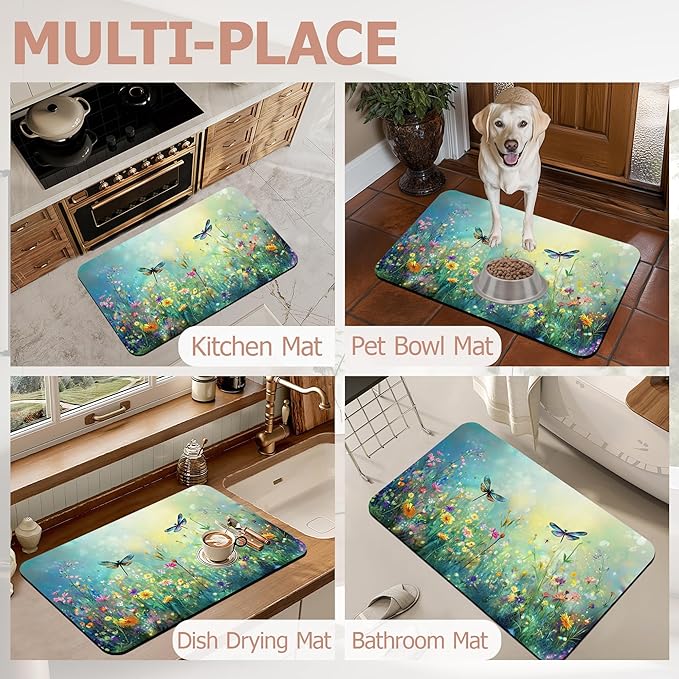 Non Slip Bath Mat,Dragonfly Bathroom Decor,Colorful Flowers Diatomaceous Bath Mat Quick Dry Absorbent Bathroom Rugs-Shower Rug for Kitchen Laundry Bathtub Shower 17"x29.5"