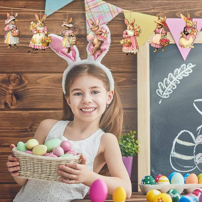 Yookeer 36 Pcs Easter Wooden Ornaments Vintage Bunny Egg Hanging Decorations Pink Rabbit Flower Wood Cutouts Farmhouse Spring Ornaments with Rope for Tree Home Party Decor
