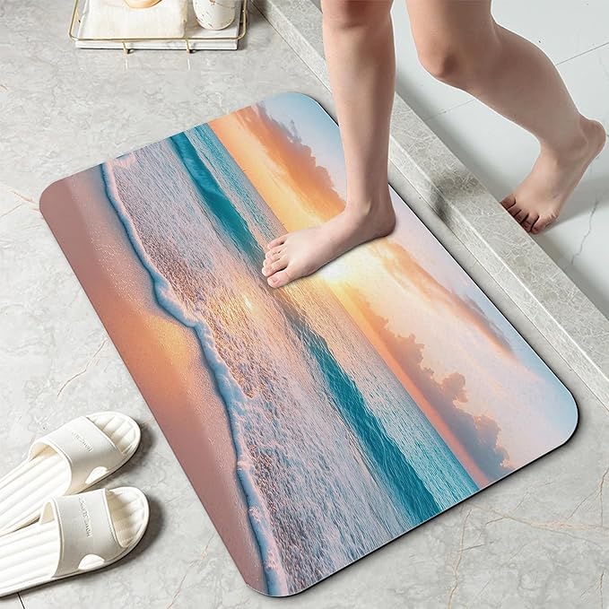 Sunset Beach Bathroom Mat, Non-Slip Rubber Backing Thin Low-Profile Bath Rug, Easy-Clean Bathroom Floor Mat for Shower, Bathtub, Kitchen, or Entryway