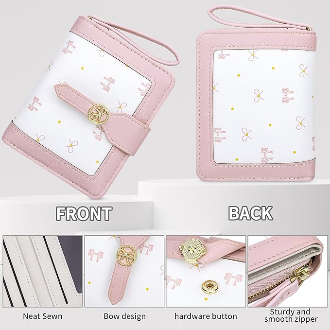 Cute Pink Small Bow Wallet for Women Bifold Womens Wallets Minimalist Ladies Purse with Bow Design Mini Kawaii Coin Purse with ID Window