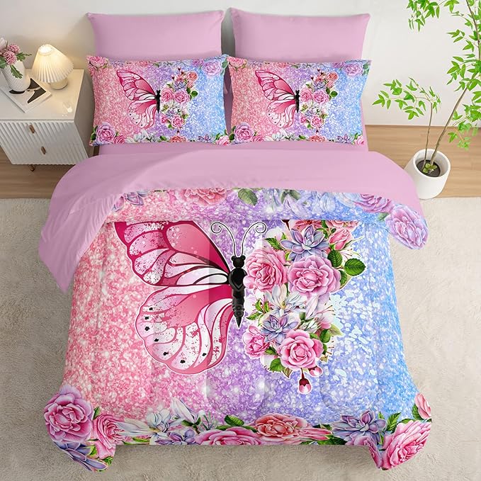 Butterfly Comforter Set (7 Piece) - Queen Size, Floral Pink Purple Bedding, Girls/Teens, Soft Microfiber, Sheets/Pillowcases Included