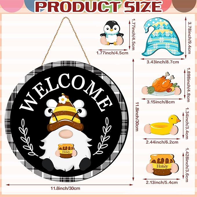 Seasonal Gnome Wall Decor Set, 11.8 inch Thanksgiving Wooden Round Sign with Interchangeable Holiday Hats, Autumn Welcome Door Hanging (Black-3)