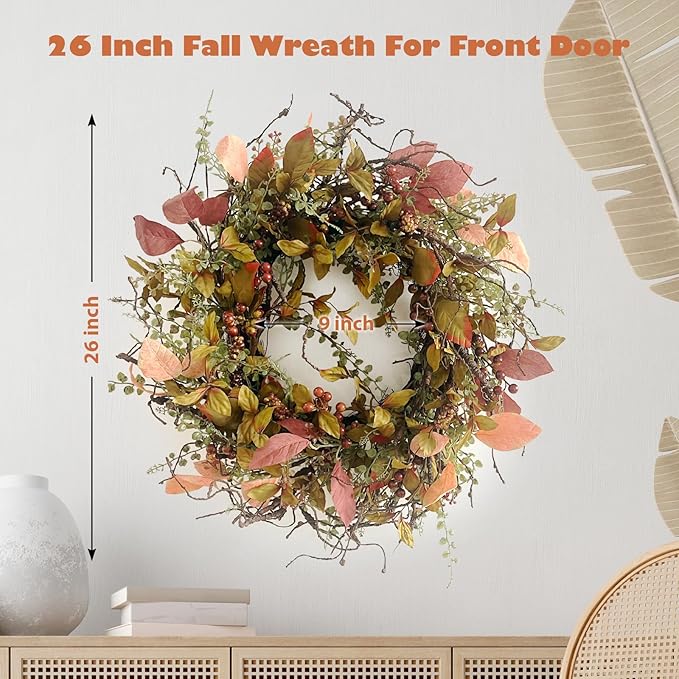 26 Inch Fall Wreaths for Front Door Burgundy Berry Wreath with Leave, Large Autumn Wreath Decor on Grapevine for Farmhouse Front Door Wall Window Home Decoration and Christmas Thanksgiving Celebration