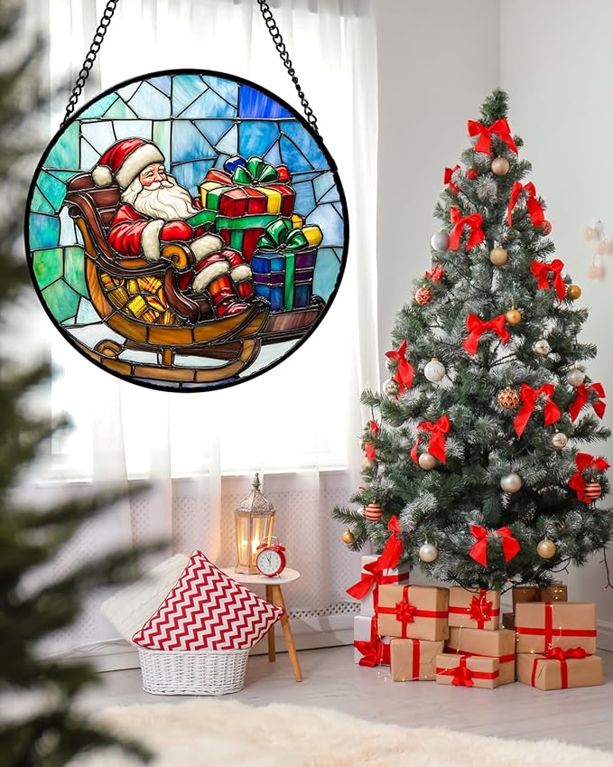 Stained Glass Window Hanging - Santa Claus Gift BoxSuncatcher for Doors Home Christmas Decoration Winter Sun Catcher Thanksgiving New Year Birthday Gift for Women Men Mom Nana 6.3 in