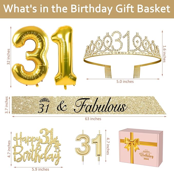 31st Birthday Decorations for Women Gold with 31st Birthday Tiara and Sash, Cake Topper and Number Candles, Number Balloons, 31 Year Old Gifts for Women
