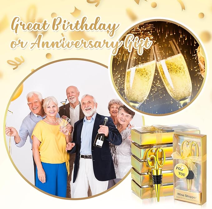 Hushee 30 Pcs 60th Birthday Party Favors for Guests Birthday Bottle Opener Golden Wine Stoppers with Rhinestones for Adults Women Wedding Party Anniversary Souvenirs Keepsakes