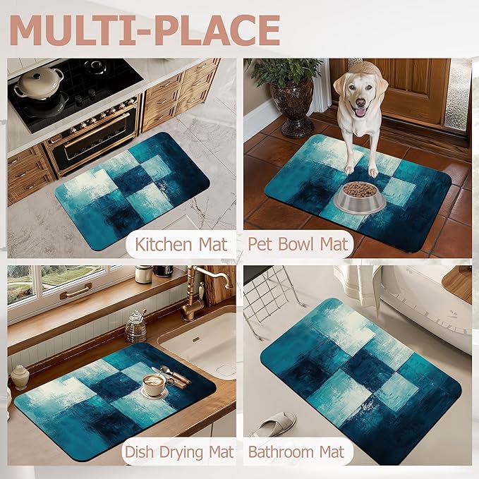 Diatomaceous Earth Bath Mat,Art Painting Bath Rugs,Grey Blue Non-Slip Thin Absorbent Fast Drying Easy to Clean for Bathroom Laundry Home Kitchen Door Mat 17x29.5Inch