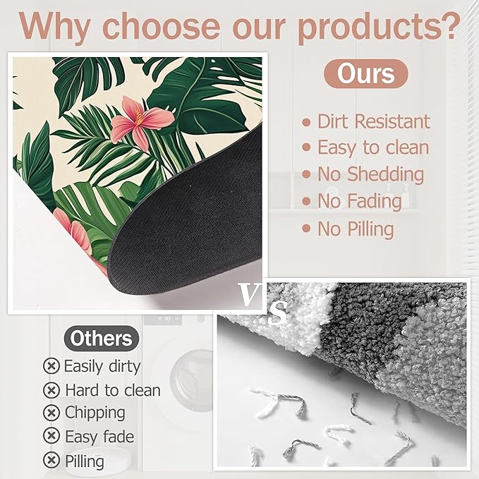 Tropical Leaves Bath Mat,Pink Flower Diatomaceous Earth Bath Mat,Rubber Backing Quick Dry Absorbent Washable Bathroom Rugs for Tub Non Slip 17"x29.5"
