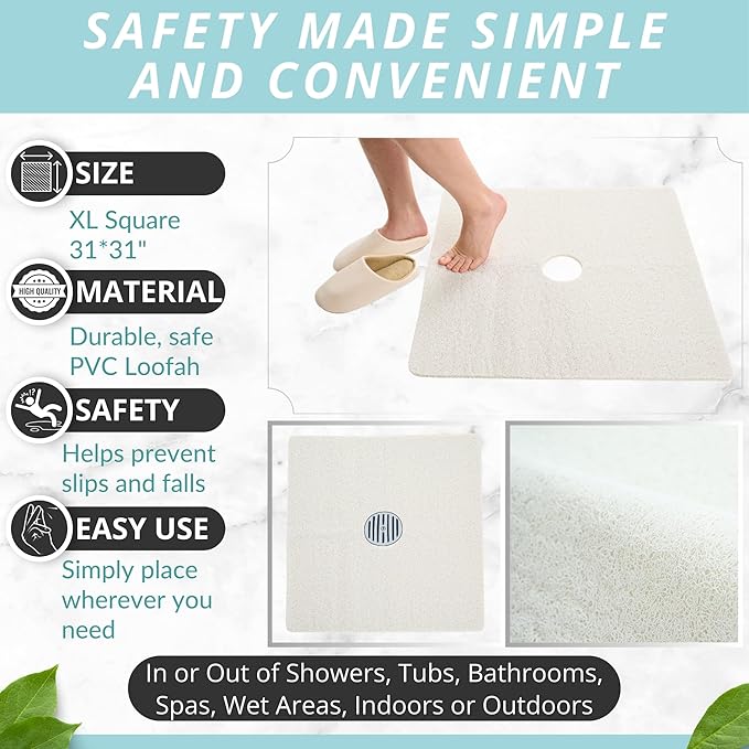 Enkosi Loofah Shower Mat with Drain Hole – Cushioned Anti-Slip Square Bath Mat for Showers, and Bathroom Floors – Textured PVC, Non Slip Safety Pad for Walk-in Stalls and Wet Areas (27x27 White)