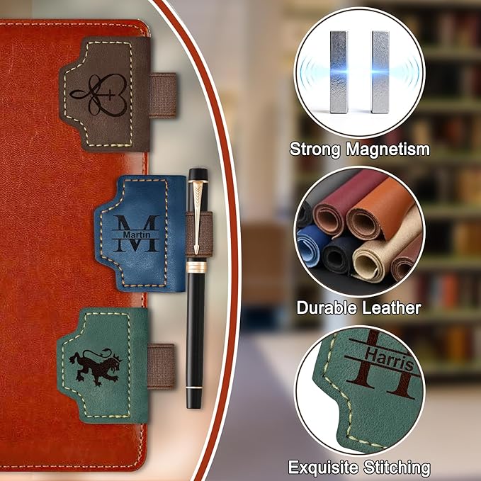 Personalized Magnetic Leather Bookmark with Pen Holder Custom Book Mark with Name Initial Logo Engraved Book Markers for Reading with Pencil Clip Gifts for Book Lovers Women Men Kids