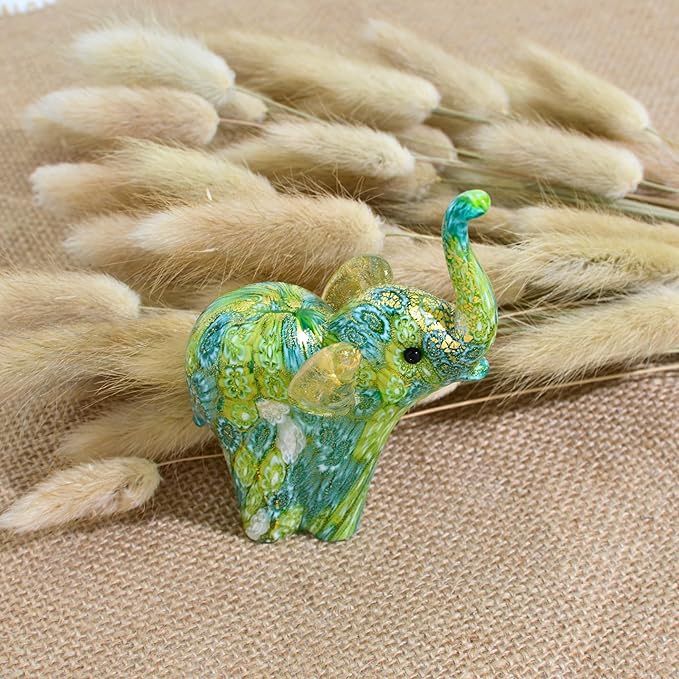 Handmade Murano Glass Elephant Figurine, Green Millefiori with 24K Gold Finish, 4" Tall, Elephant Statue Decor, Gold Elephant Statue, Home Décor Accents, Tiny Elephant Figurine, Made In Italy