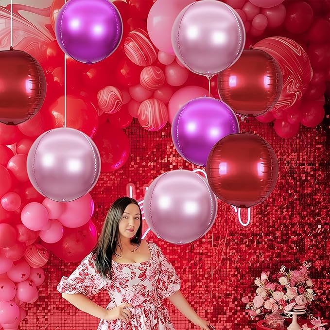 15PCS Red Pink Round Foil Balloons, 22" 15" 10" Large 4D Ball Balloons Red Hot Pearl Pink Metallic Mirror Balloon for Valentines Day Wedding Women Girls Birthday Party Supplies