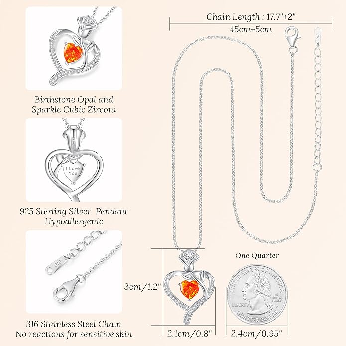 LOUISA SECRET Rose Flower Heart Birthstone Necklaces for Women, 925 Sterling Silver Fine Jewelry, Pendant Heart Necklaces Birthday Anniversary Christmas Gift for Women Wife Mom Girlfriend Lady