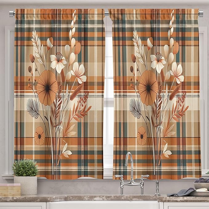 Ambesonne Botanical Valance & Tier Curtain 3 pcs Set, Rustic Plaid Tartan Squares and Meadow Blossoms Gentle Floral Bouquets, Window Treatments for Kitchen Room Decor, 55" x 30", Orange Tan Grey Teal