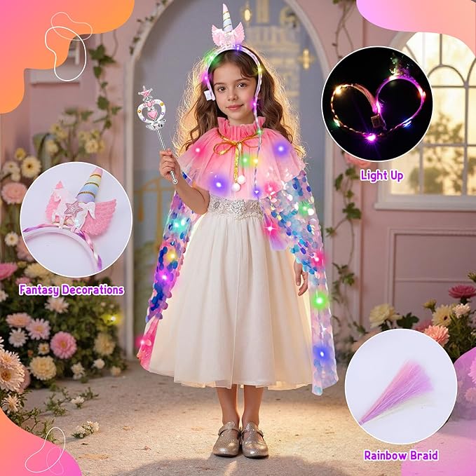Meland Princess Dress Up for Girls 3-8, 11Pcs Mermaid Cape with Crown, Dress Up Clothes Birthday Gift Toys for Girls Toddlers