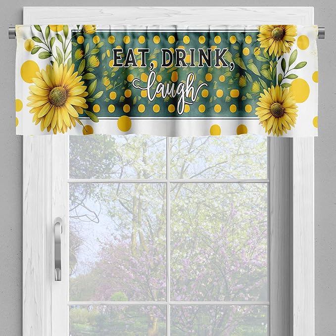 Ambesonne Eat Drink Laugh Window Valance, Farmhouse Art Sunflower with Orangish Dots and Leaves Greenery, Curtain Valance for Kitchen Bedroom Decor with Rod Pocket, 54" X 12", Mustard and Hunter Green