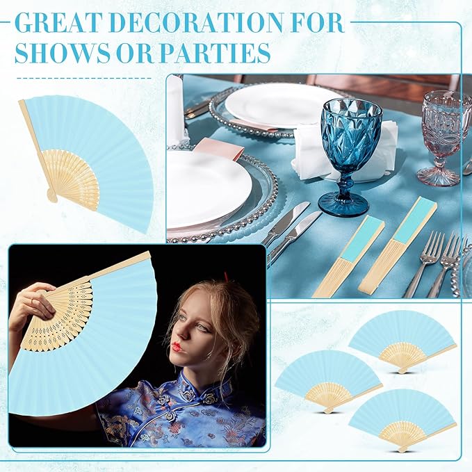 Yinkin 24 Pack Folding Fans Bamboo Handheld Folded Craft Hand Japanese Chinese Fans for Weddings Bridal Dancing Church DIY Decoration Women Gift Party Favors (Light Blue)