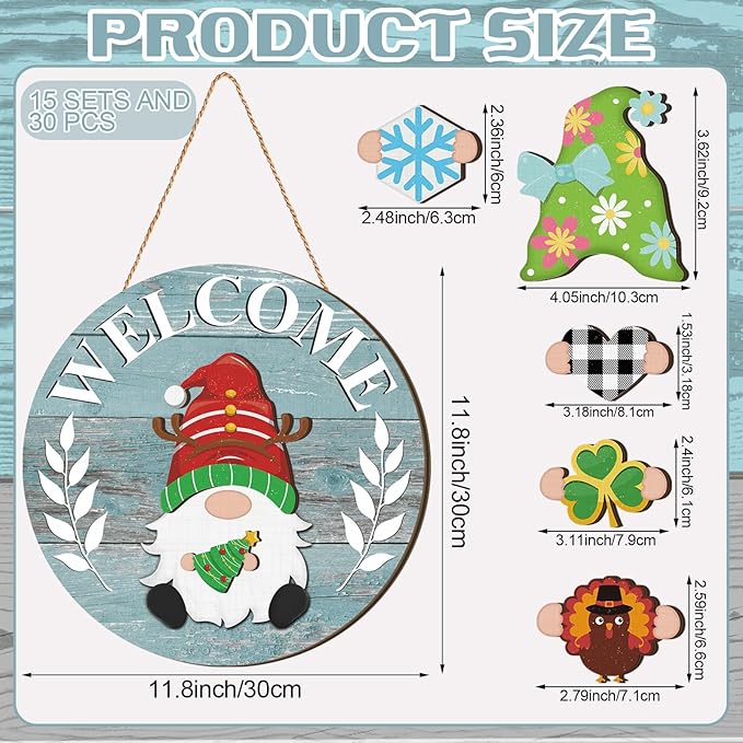 Qunclay Interchangeable Wooden Gnome Decor Holiday Seasonal Gnome Decorations with Magnet Pieces and Detachable Hats Changeable Welcome Sign for Home(Blue Style)