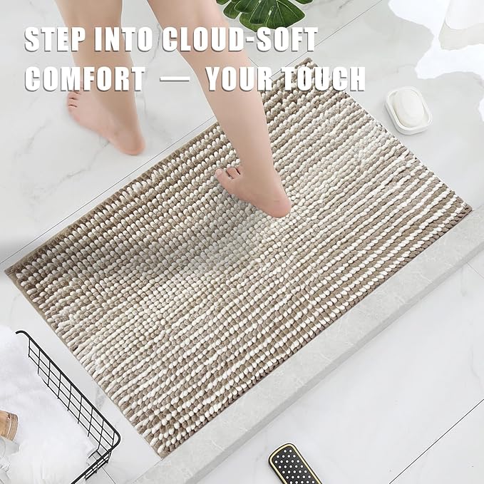 HDFK Bath Mat & Bathroom Rug - Machine Washable Soft Chenille Shower Carpet, Maximum Absorbency Non-Slip with Odorless Hot Melt Base, Slim Striped Design for Bathtub Floors (24x16 Inch, Tan & White)