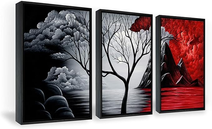 Wieco Art Framed Wall Art the Cloud Tree Wall Art HD print of Oil Paintings Landscape Canvas Prints for Home Decorations, 3 Panels with Black Frames