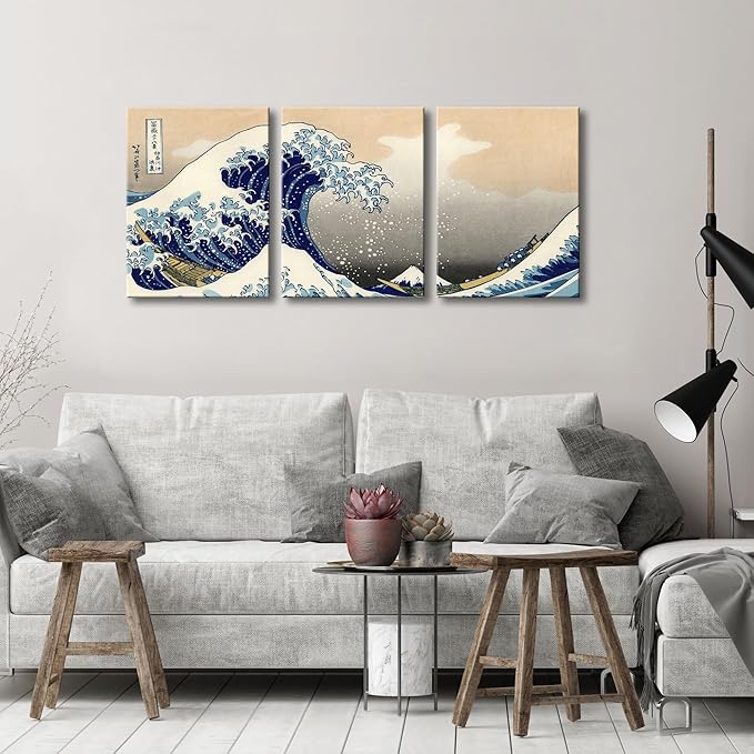 Wieco Art Great Wave of Kanagawa Katsushika Hokusai 3 Piece Modern Canvas Prints Artwork Abstract Pictures Paintings on Canvas Wall Art for Home Office Decorations Wall Decor