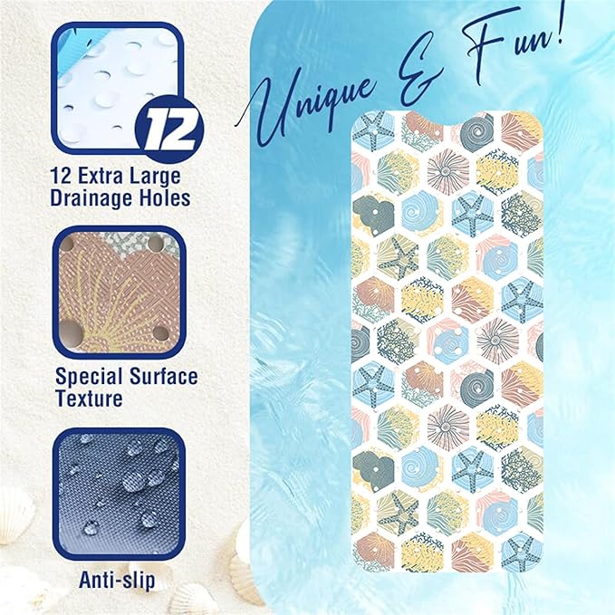 Starfish Bathtub Mat Non Slip for Kids 40x16in Extra Long Anti Slip Geometry Bath Mat for Tub Abstract Bath Shower Mat with Large Drain Holes and Suction Cups Quality Honeycomb Design Bathroom Decor