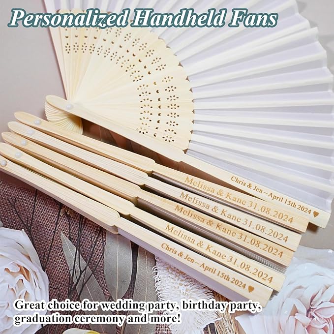 Personalized 100 Pack White Hand Fans, Custom Summer Wedding Fans for Guests, Silk Fabric Bamboo Folded Hand Fan Bridal Dancing Props Church Wedding Gift Party Baby Shower Favors