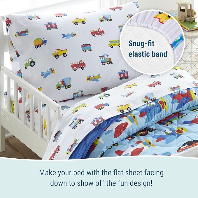 Wildkin 4-Piece Toddler Bed in a Bag – Cotton Comforter, Sheets & Pillowcase for Cozy Cuddles - Trains, Planes, and Trucks