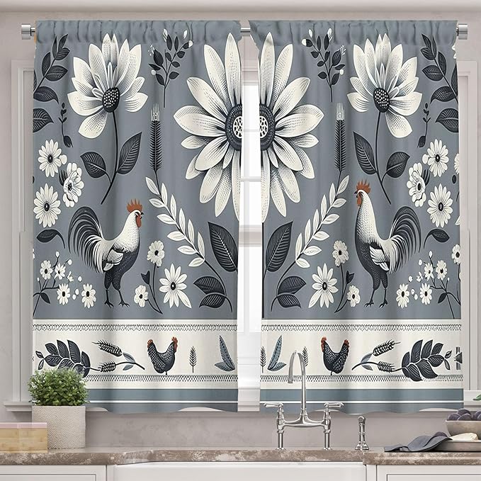 Ambesonne Farmhouse Valance & Tier Curtain 3 pcs Set, Classic Folk Style Barn Flowers Leaves and Roosters in Muted Colors, Window Treatments for Kitchen Room Decor, 55" x 24", Blue Grey and Off White