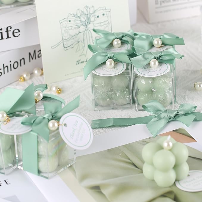 ACITHGL 30 Sets Fully Assembled Small Bubble Candle Party Favors for Guests Bulk Bridal Showers Favors Candles with Stylish Ribbons Thank You Cards Gifts (Green)