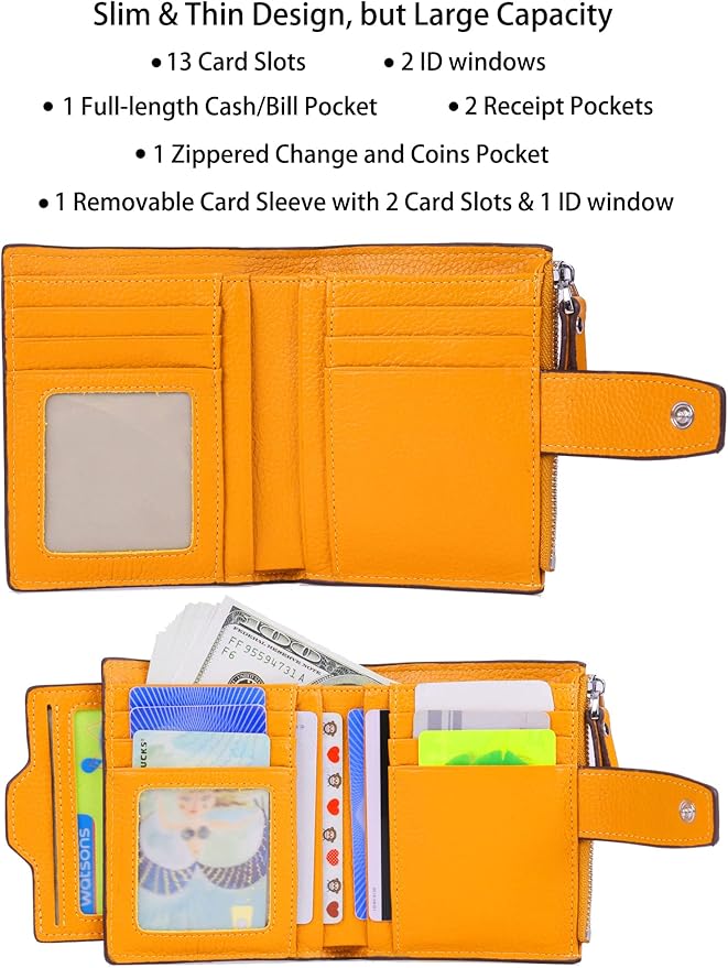 AINIMOER Women's RFID Blocking Leather Small Compact Bi-fold Zipper Pocket Wallet Card Case Purse with id Window