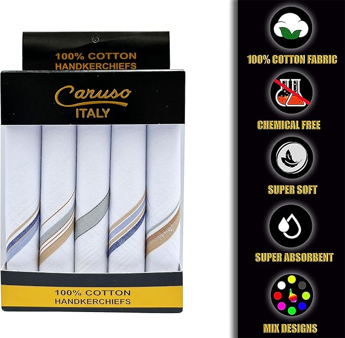 Caruso Italy Men's Premium 100% Pure Cotton Handkerchief Colored Border - (46x46 cm)
