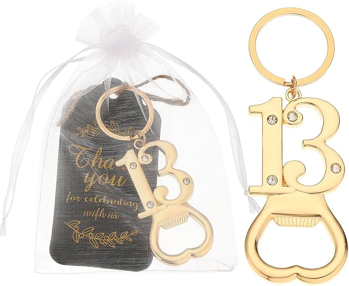 24 pcs 13th Gold Keychain Bottle Opener Birthday Party Favors for Guests,13th Beer Bottle Opener Favors Bulk for 13 Birthday Anniversary Souvenirs Party Decor Supplies (Gold 13th)