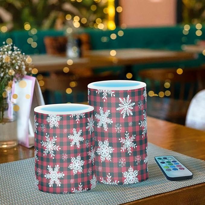 ALAZA Christmas Snowflakes Red Black Buffalo Plaid Flickering Flameless Candles Battery Operated with Remote Timer,Tea Light Candles LED Pillar Votive Candles Set of 2 for Outdoor Indoor Decorations