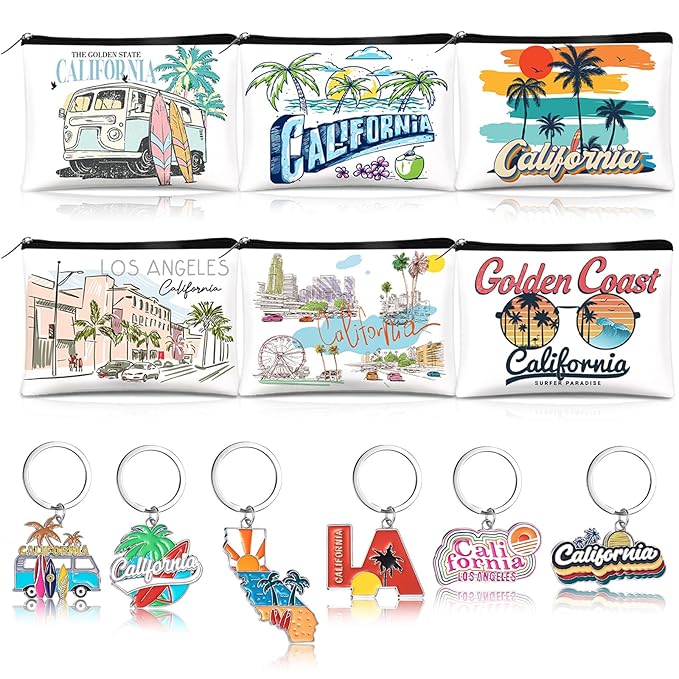 Landical 6 Sets California Souvenir Gifts Include 6 Pcs California Cosmetic Bag and 6 Pcs Metal Keychain for Women Traveler Christmas Party Gifts