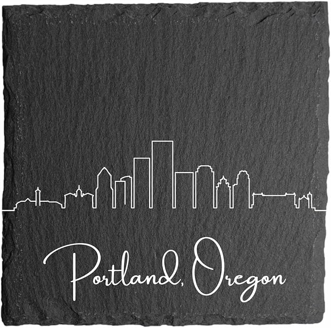 Blue Ridge Mountain Gifts - Portland OR Skyline Coasters, Set of 4 - Portland Oregon Souvenir, Slate Coasters with Minimalist Skyline, Housewarming Gift for Friends, Family, & Neighbors