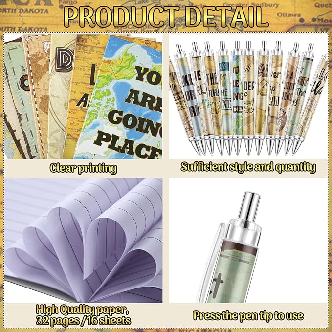 Eersida 48 Pcs Travel The Map Mini Notepad and Pen Set Travel Motivational Notepads with Quote Ballpoint Pens, 12 Styles