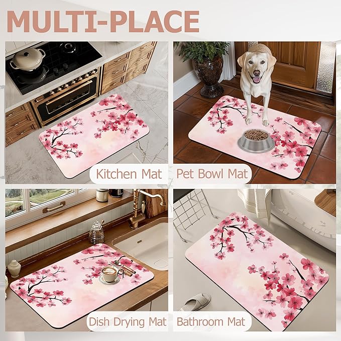 Pink Flower Bath Mat,Cherry Blossom Diatomaceous Earth Bath Mat,Rubber Backing Quick Dry Absorbent Washable Bathroom Rugs for Tub Non Slip 17"x29.5"