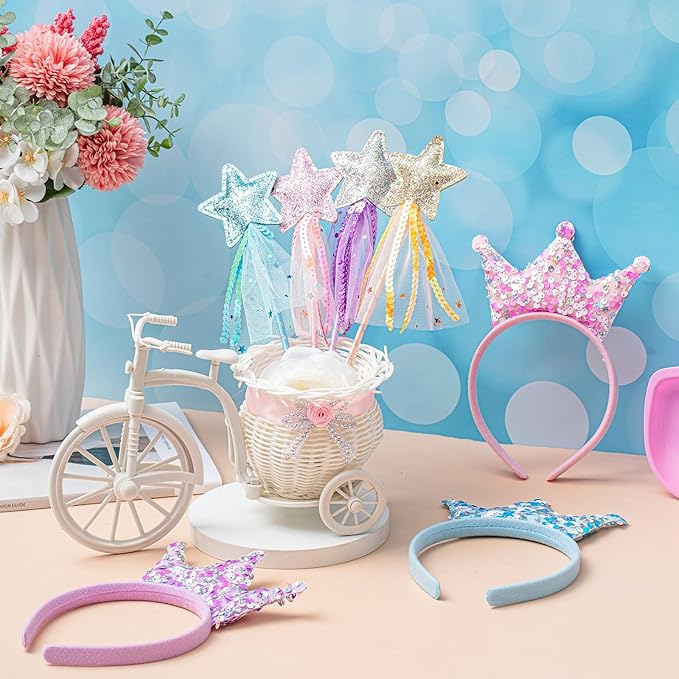 12 Pcs Princess Party Favors Including 6 Glitter Star Fairy Wands and 6 Sequin Princess Crown Headbands for Girls Birthday Party Gifts