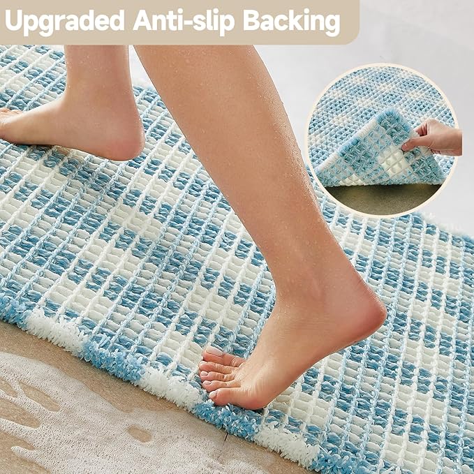 Waffle Bath Mat, Boho Bathroom Rugs Non Slip Washable Absorbent Checkered Bathroom Mat Quick Dry Cute Bath Mat, 30"x20" Blue and White