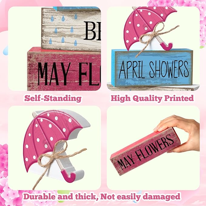 4 Pcs Spring Decorations for Home Wooden Umbrella Tiered Tray Decorations Spring Centerpieces for Tables Farmhouse Decorative Umbrella Faux Stack Block Sign for Home Shelf Decor