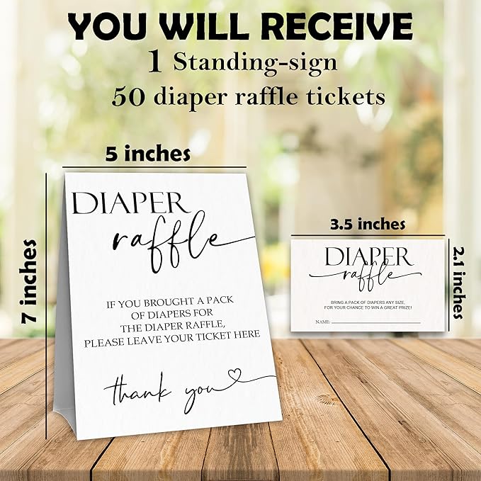 Baby Shower Diaper Raffle Game Set,White Baby Shower Game Kit,Minimalism Theme1 Standing Sign & 50 Raffle Tickets,Baby Announcement,Gender Reveal Party Decorations & Supplies-A11