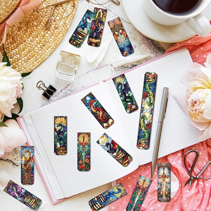 Dragon Sword Bookmark Magnetic Gifts - Wxiben 30 Pcs Stained Glass Window Dragon Bookmarks Magnets Fantastic Book Marks Page Marker Clip Gift for Women Men Students Teacher Reading Bookish