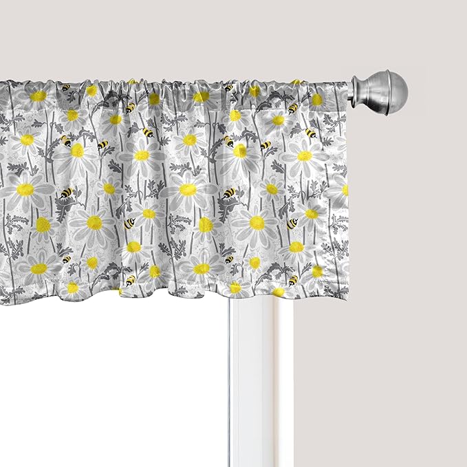Ambesonne Yellow Window Valance, Pattern with Bees and Chamomile Daisy Flowers in Flourishing Meadow Nature, Curtain Valance for Kitchen Bedroom Decor with Rod Pocket, 54" X 18", Grey Yellow White