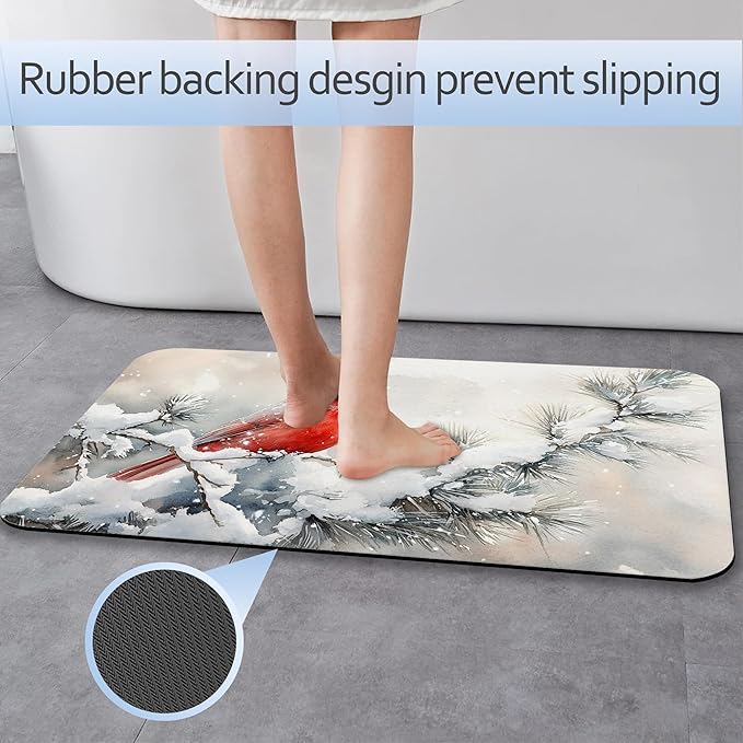 Cardinal Bird Bathroom Rug 29.5"x17", Winter Flowers Quick-Drying Super Absorbent Diatomite Bath Mat with Non-Slip Backing, Thin Washable Bathroom Floor Mat Fits Under Door for Shower, Sink, or Tub