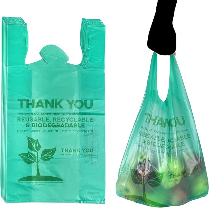 KitchenDine Eco Green Plastic Bags - 500 Count Biodegradable Shopping -Thank You - 22" x 12" Carry Out Bags. (500)