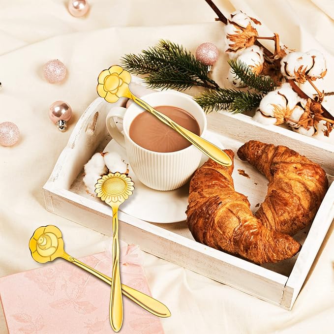 Eboot 40 Pcs Gold Flower Teaspoon Stainless Steel Tea Party Spoons Mini Cute Teaspoon for Stirring Coffee Sugar Drink Demitasse Kitchen Bar Tableware Party Favors Decorations