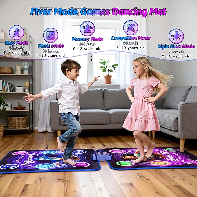 Dance Mat Toys for 3-12 Year Old Kids,Kids Dance Mat with Light Up 12-Buttons & 5 Game Modes,Double Player Dance Pad for Girls Boys, Birthday Xmas Gifts for 3 4 5 6 7 8 9 10+ Year Old Girls Boys