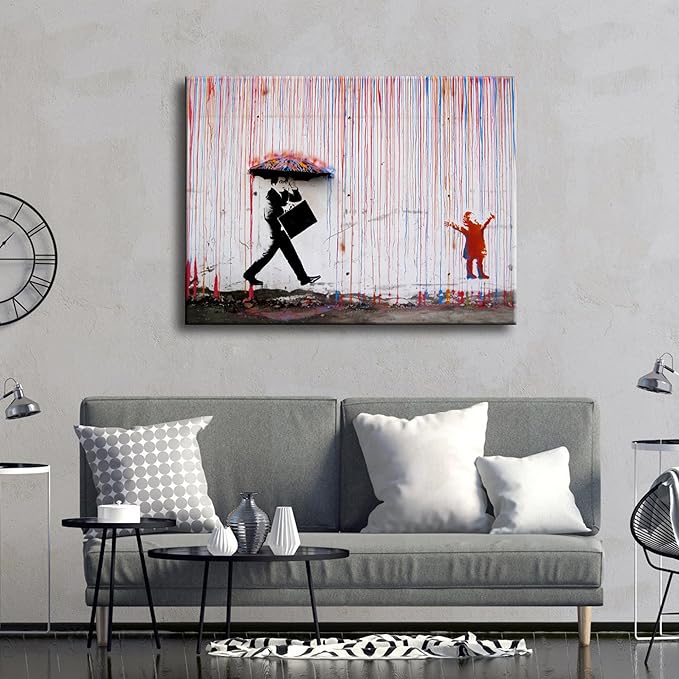 Wieco Art Large Banksy Raining Day or Colorful Graffiti Street Famous Canvas Prints Wall Art Modern Inspirational Grey Love Pictures Print Artwork for Kitchen Home Office Decor